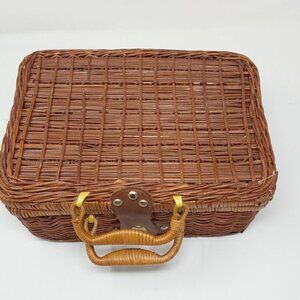Vintage Rattan Lidded Picnic Ware Set Basket Case with Handle